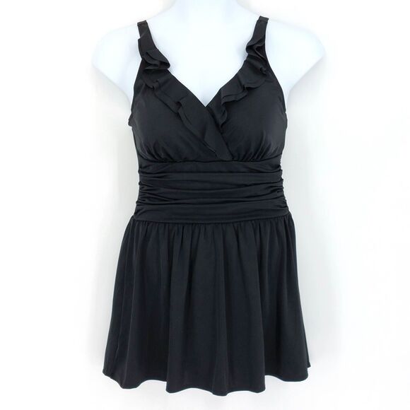 Denim & Co Beach Swimsuit Women's Sz 14 Black One Piece Swim Dress Modest - Picture 1 of 8